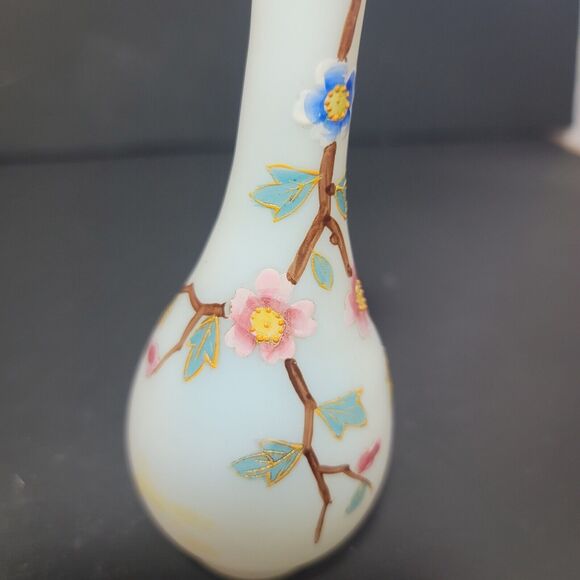 Frosted Glass Bud Face Hand Painted Pink And Blue Flowers on Branch 6" Vintage - Picture 6 of 8